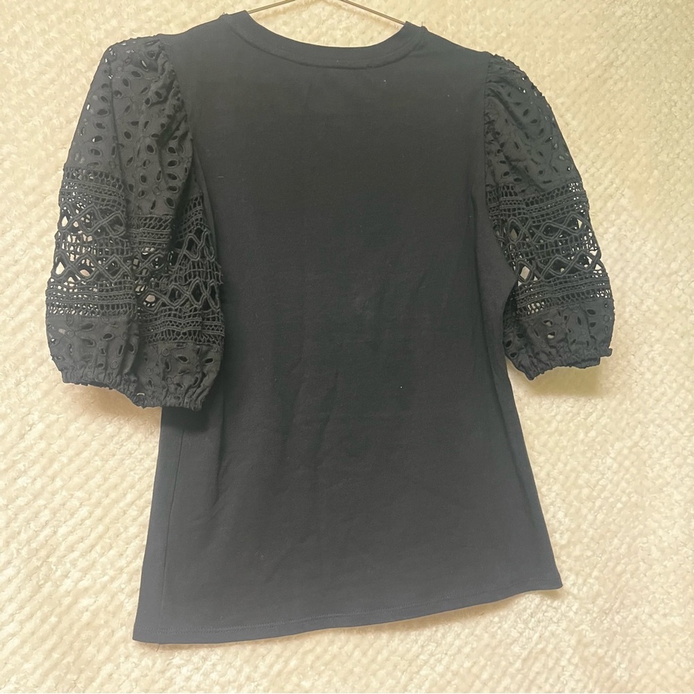 French Connection Blouse Crochet Lace Black Puff Sleeve Top Cotton Spandex NWT - Picture 6 of 7